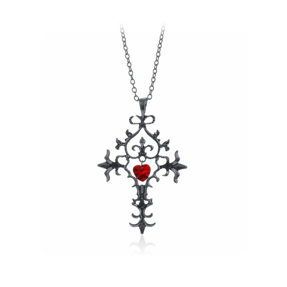 Fashion Vampire Diaries Vintage Charm Unique RED Sacred Heart Crystal Cross Pendant Necklace Jewelry Gifts