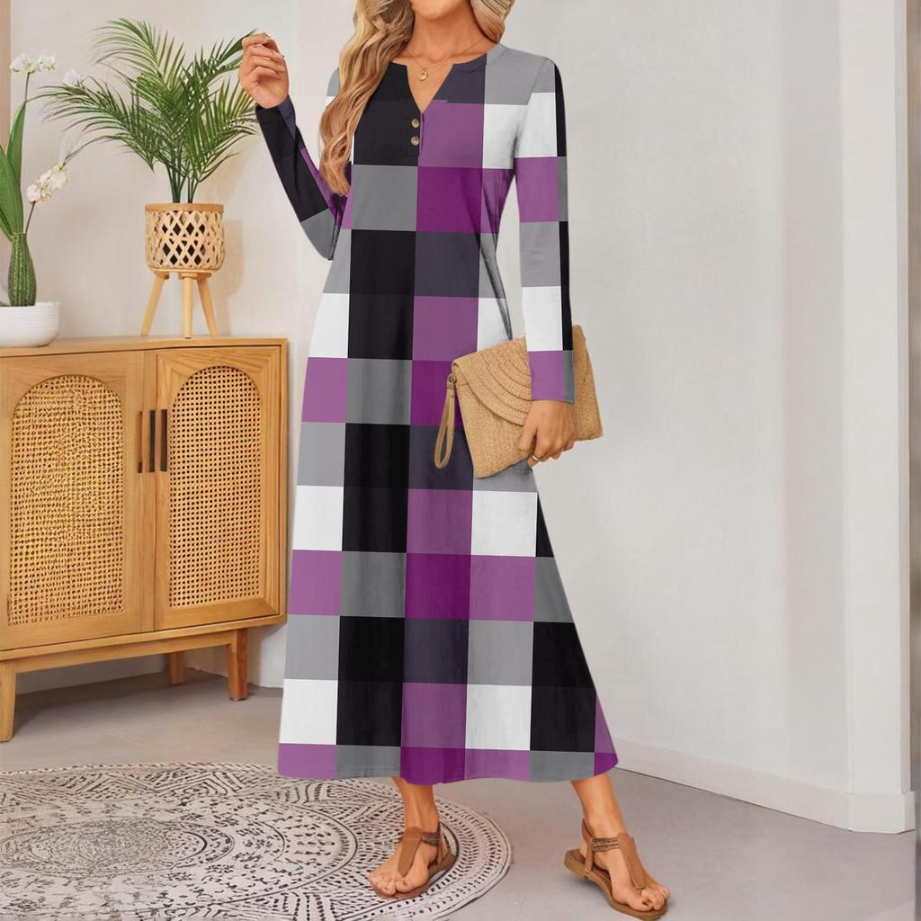 Rochie confortabilă largă cu mânecă lungă, cu imprimeu retro pentru femei, rochie elegantă