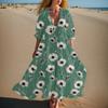 Women's Summer Fashion V-neck Retro Floral Print Short Sleeved Beach Dress With Lace Patchwork Dress