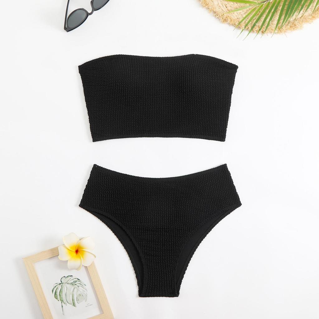 2025 Solid Color High Waist Bandeau Bodycon Bikini Set - European & American Style