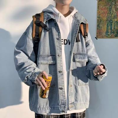 High Street Jeansjacka Herr Höst Stor Ficka Arbetskläder Casual Jacka Retro Mångsidig Lös Topp