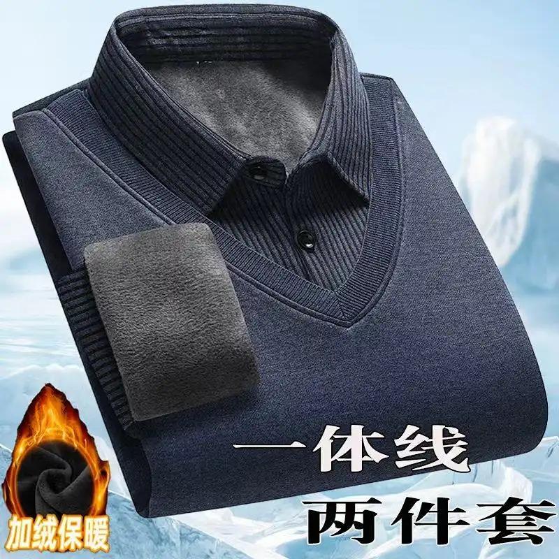 Men's Fake Two-piece Lapel Button Pullover Long-sleeved Striped Patchwork Autumn Winter Sweater Bottoming Shirt Fashionable Top