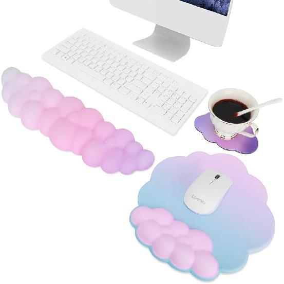 Cloud Keyboard Wrist Rest Mouse Pad Wrist Arm Support Set with Ergonomic Cute Memory Foam for Computer Office Laptop Gaming Cyan Purple Pink