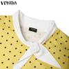 VONDA Women Stand Neck Puff Sleeve 3D Flower Polka Dots Casual Cropped Blouse
