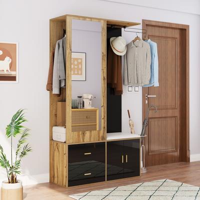 Elegant Wardrobe Set In Black and Wood Color with Mirror, Shoe Cabinet, Shoe Bench with Hooks and Pull-out Clothes Hangers.
