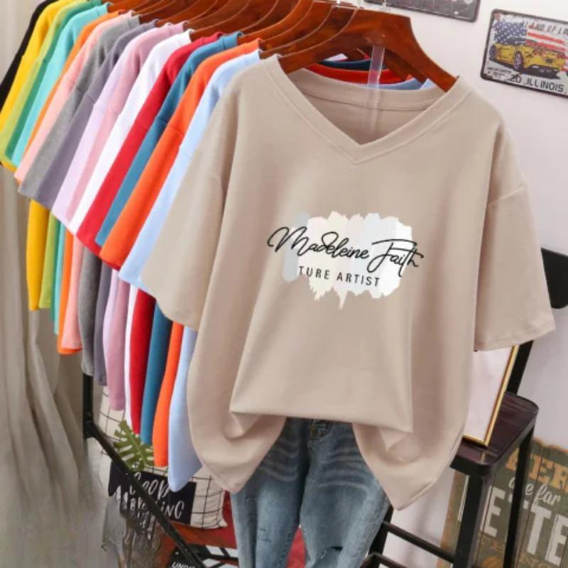 Tricou cu mânecă scurtă, Croială largă, Top subțiere cu gât în V imprimat pentru femei