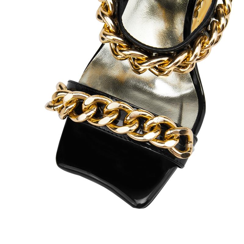 Fashion Women's New Spring/Summer European and American Square Head Metal Chain Wolf Teeth High Heel Large Open Toe Slippers