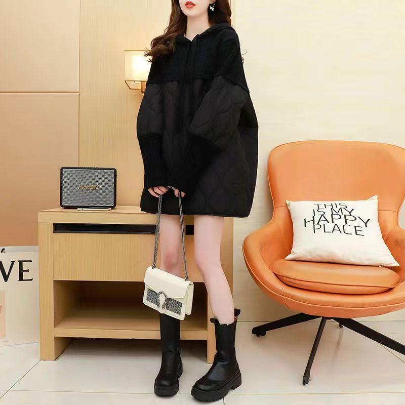 

DIMANAF 2023 Зимові светри Оверсайз Жіноча клаптева ватяна куртка Пальто Пуловер В’язана куртка Водолазка Фальшивий синій вільний светр із двох частин One Size чорний