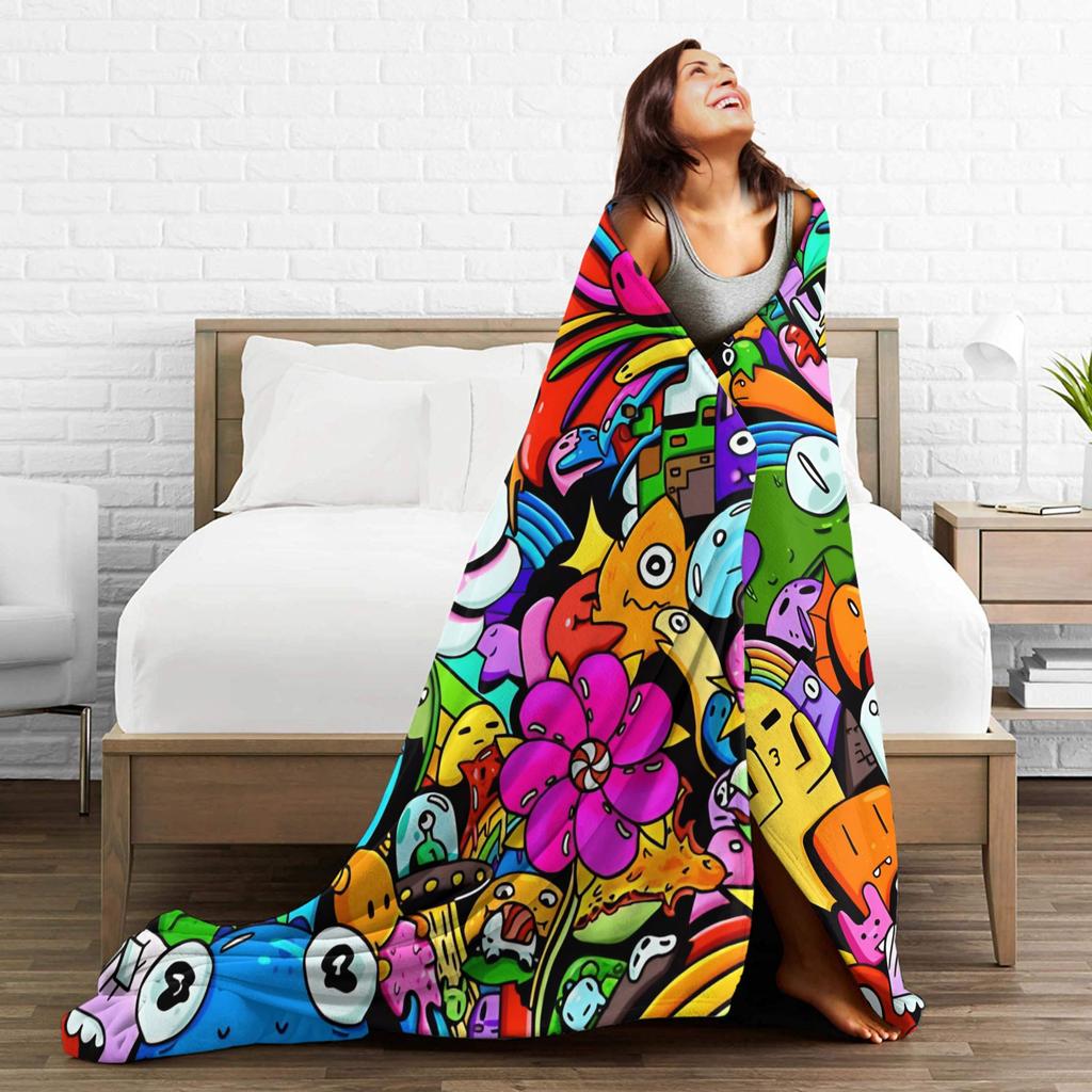 Super Warm BlanketKids Adult Camping Cartoon Cute Doodle Throw Blanket Flannel Bedspread For Outdoor Novelty Sofa Bed Cover