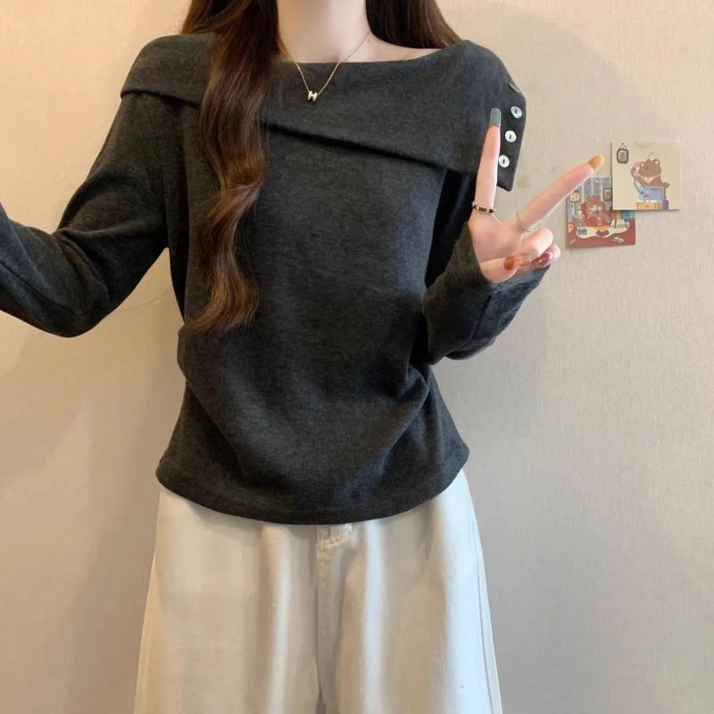 Herbst Neu Beliebtes Ein-Schulter-T-Shirt Damen Langarm-Top Unterhemd T-Shirts