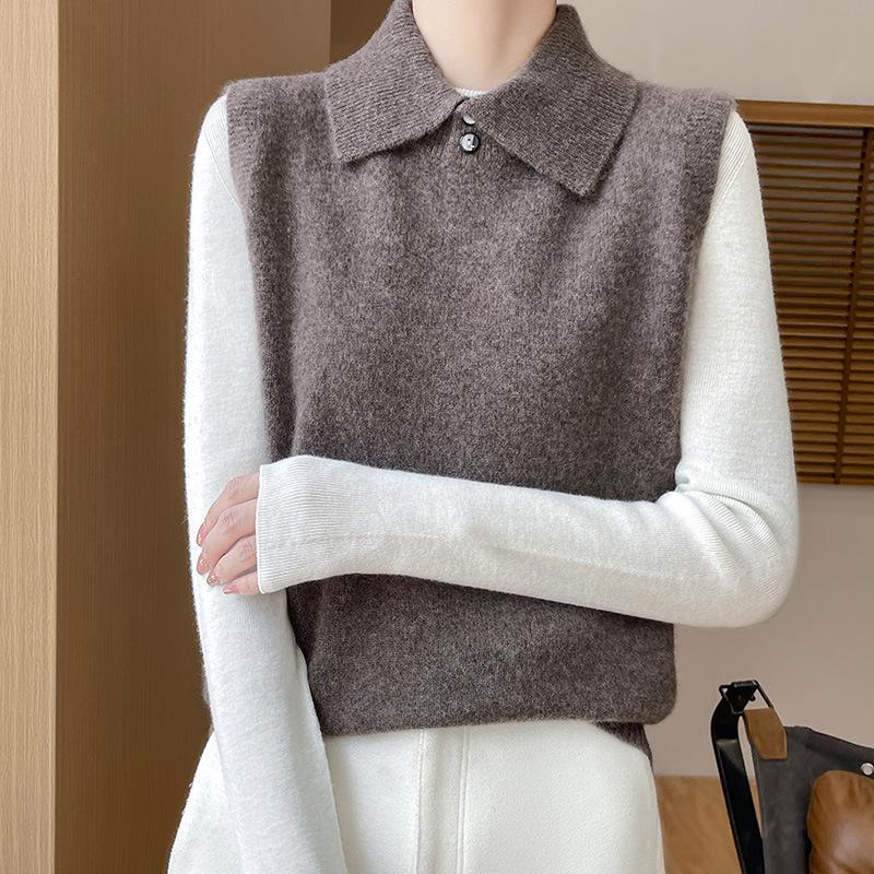 Cashmere Button-Up Sleeveless Sweater Vest with Polo Collar