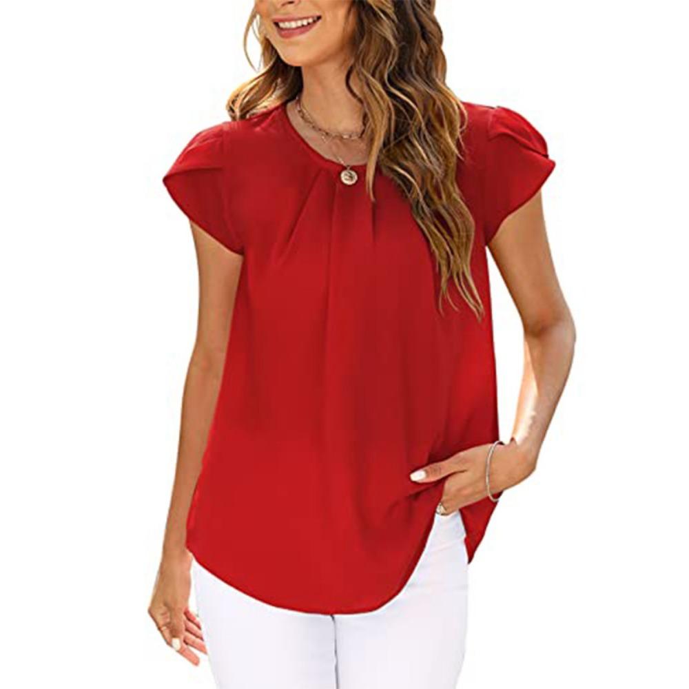Women's Pleated Round Neck Petal Short Sleeve Loose Chiffon Top