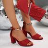 Neue Übergrößenschuhe Peep-Toe High Heels Ein-Knopf Blockabsatz Sandalen