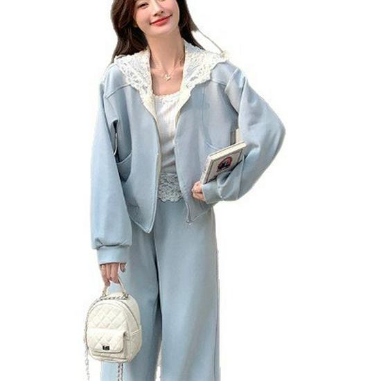 2026 Winter Korean Fashion: Women's Lace Splicing Hooded Sweatshirt & Casual Pants Set