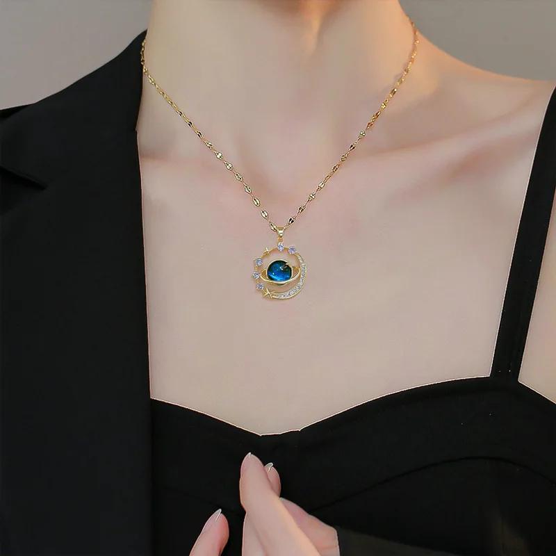 Fashion Starry Sky Planet Light Necklace - Luxurious Stainless Steel Clavicle Chain with Stars and Moon Design for Versatile S