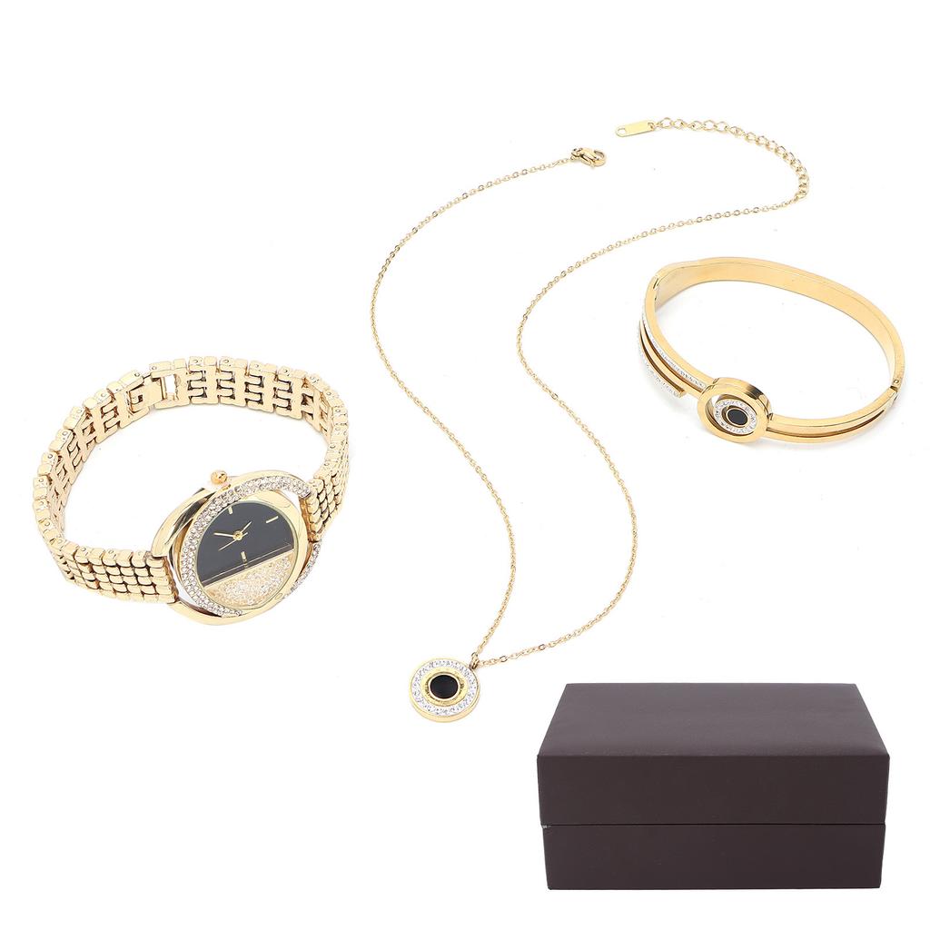 Business Style Women Watch Bracelet Necklace Set Anniversary Birthday Gift Jewelry Set Gold