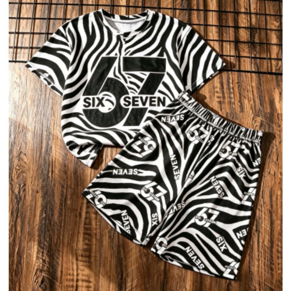 Kids Set Zebra Stripe 67 Number Printed Kids T-shirt and Shorts 2 Piece Set Summer Street Casual Outdoor Boy's and Girl's T-shirt Sets