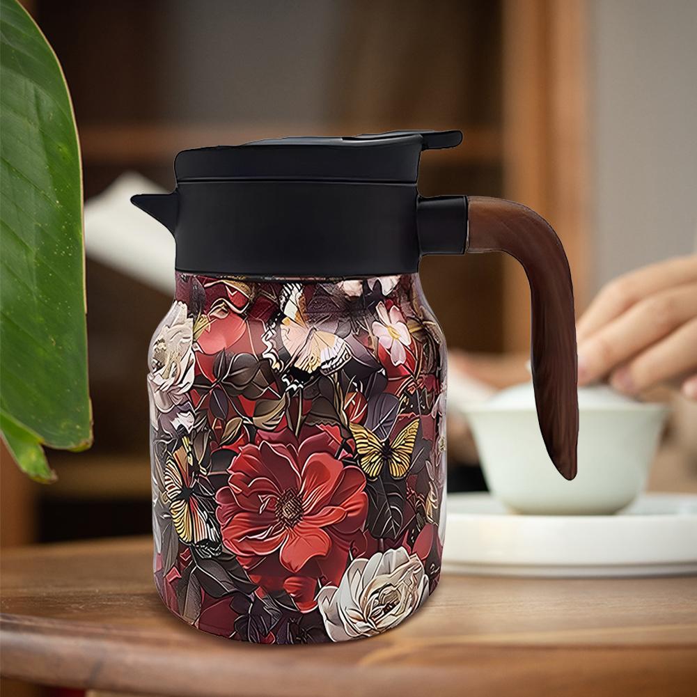 800ml Vintage Floral Pattern Tea Kettle with Infuser Insulated Teapot Wood Handle Tea Separation Thermal Insulation Pot for Home