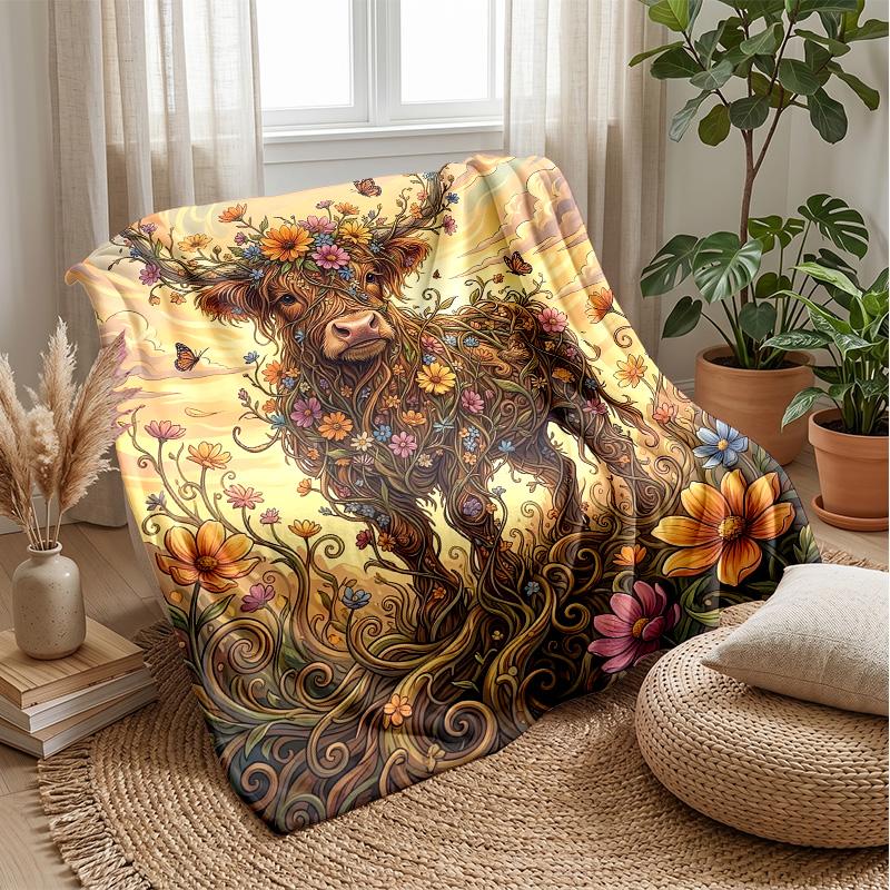 Festive Highland Cow Decoration Theme Blanket Lightweight Warm Flannel Blanket Decorative Throw Blanket for Home Decoration
