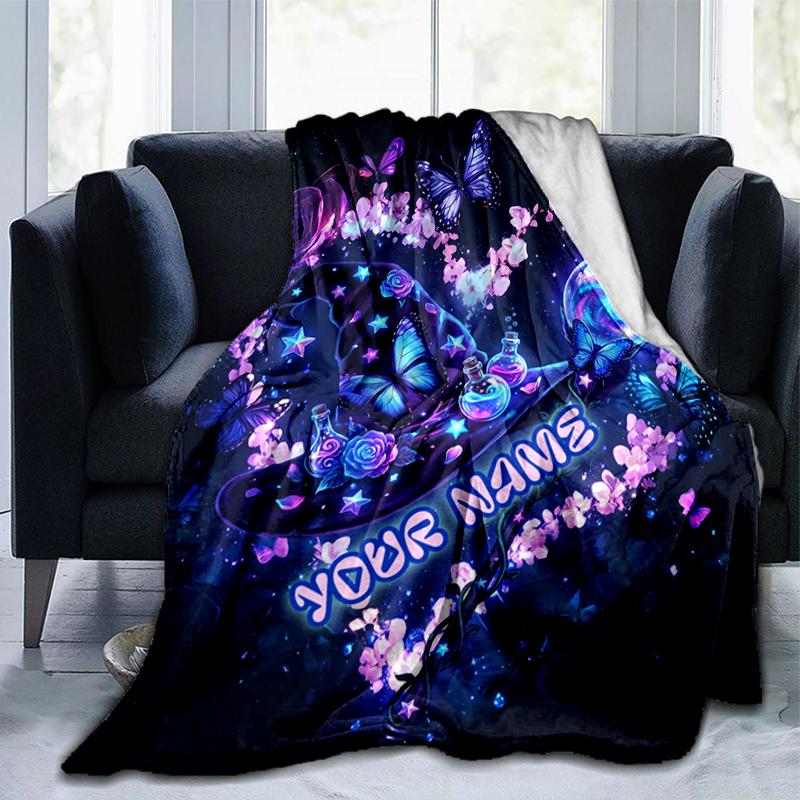 1PC Custom Name Butterfly Dreams Purple flannel blanket versatile,all-season throw suitable for the living room,bedroom,camping,travel,and gift