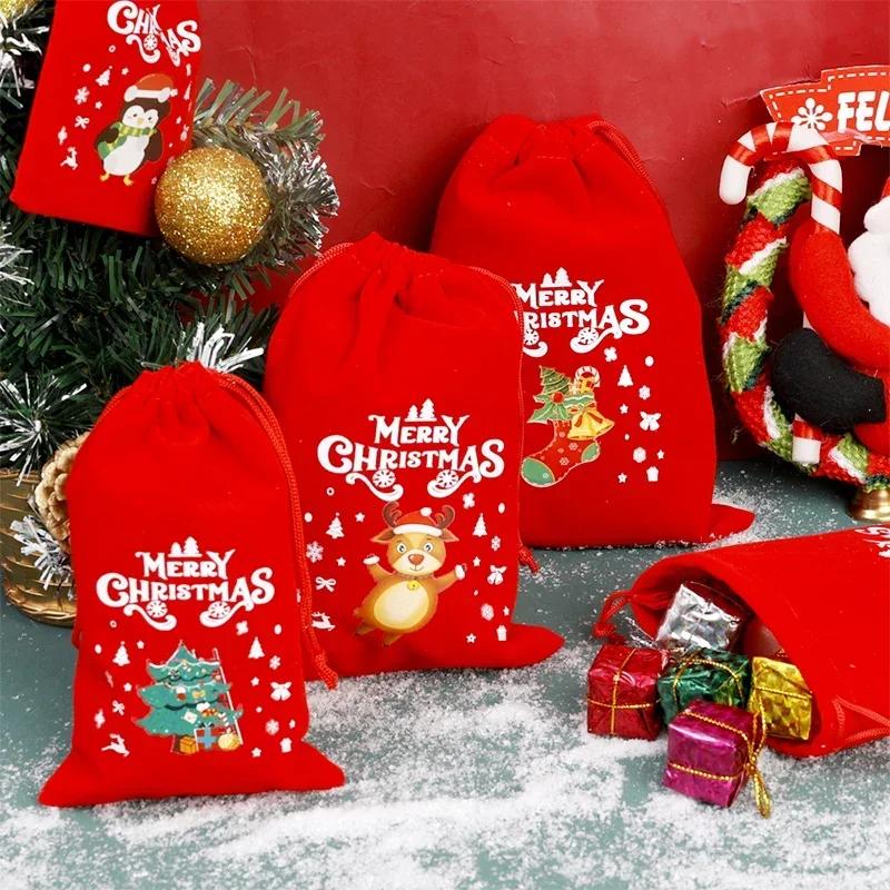 10PCS Drawstring Christmas Velvet Bags Red Gift Packaging Bag Candy Biscuit Pouch Merry Christmas Bracelet Jewelry Storage Bag