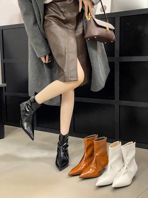 Fashion Winter Women Ankle Boots Pointed Toe Black White Brown Thin Low Heels Back Zipper Winter Autumn Short Boots Woman Size 35-40