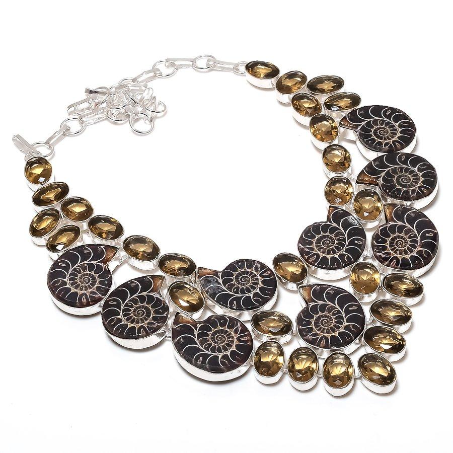

Ammonite Fossil, Topaz Gemstone 925 Sterling Silver Jewelry Necklace 18