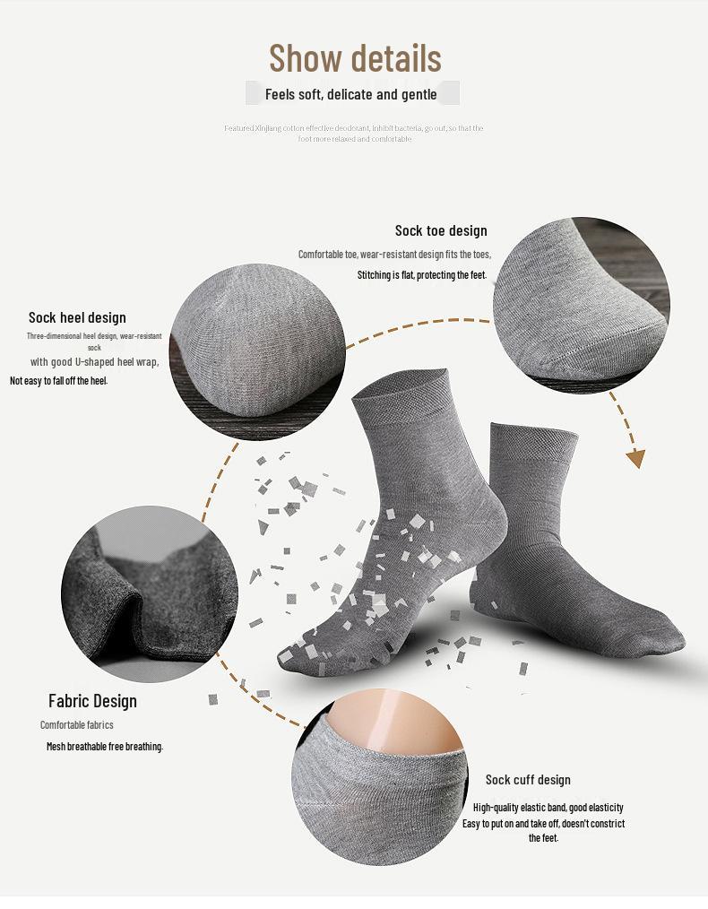 Men's Mid-Calf Cotton Socks - 5 Pairs Boxed Breathable, Sweat-Absorbent, Warm, Solid Colors for Autumn & Winter.