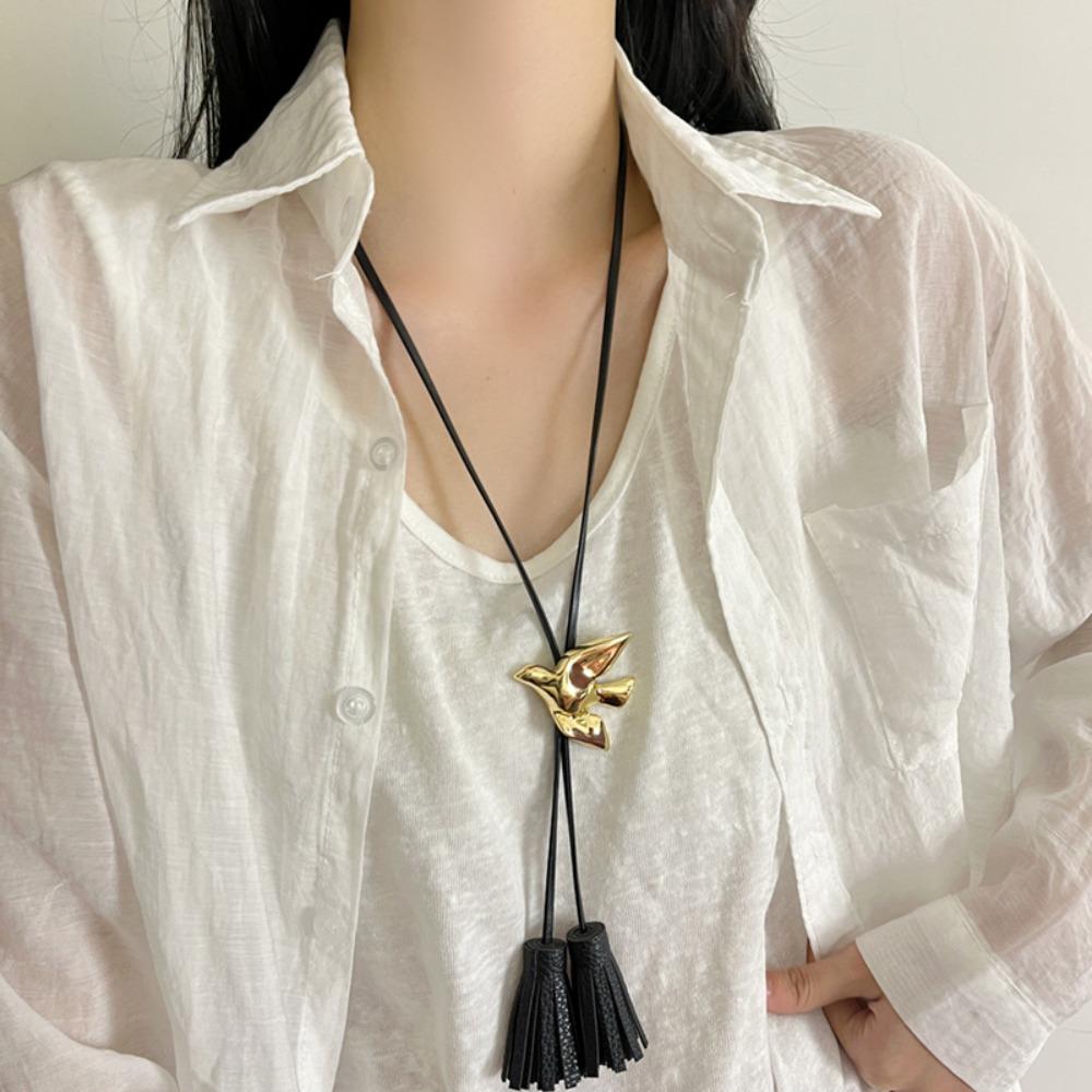 Silver Tassel Adjustable Necklace Ethnic Style PU Leather Necklace Luxury Bird Necklace  Decoration