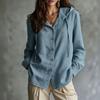 Women's Casual Long Sleeve Hooded Shirt with Drawstring, Wooden Buttons and Patch Pockets - Loose Fit