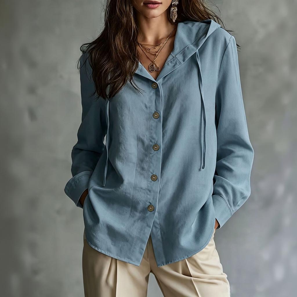 Women's Casual Long Sleeve Hooded Shirt with Drawstring, Wooden Buttons and Patch Pockets - Loose Fit