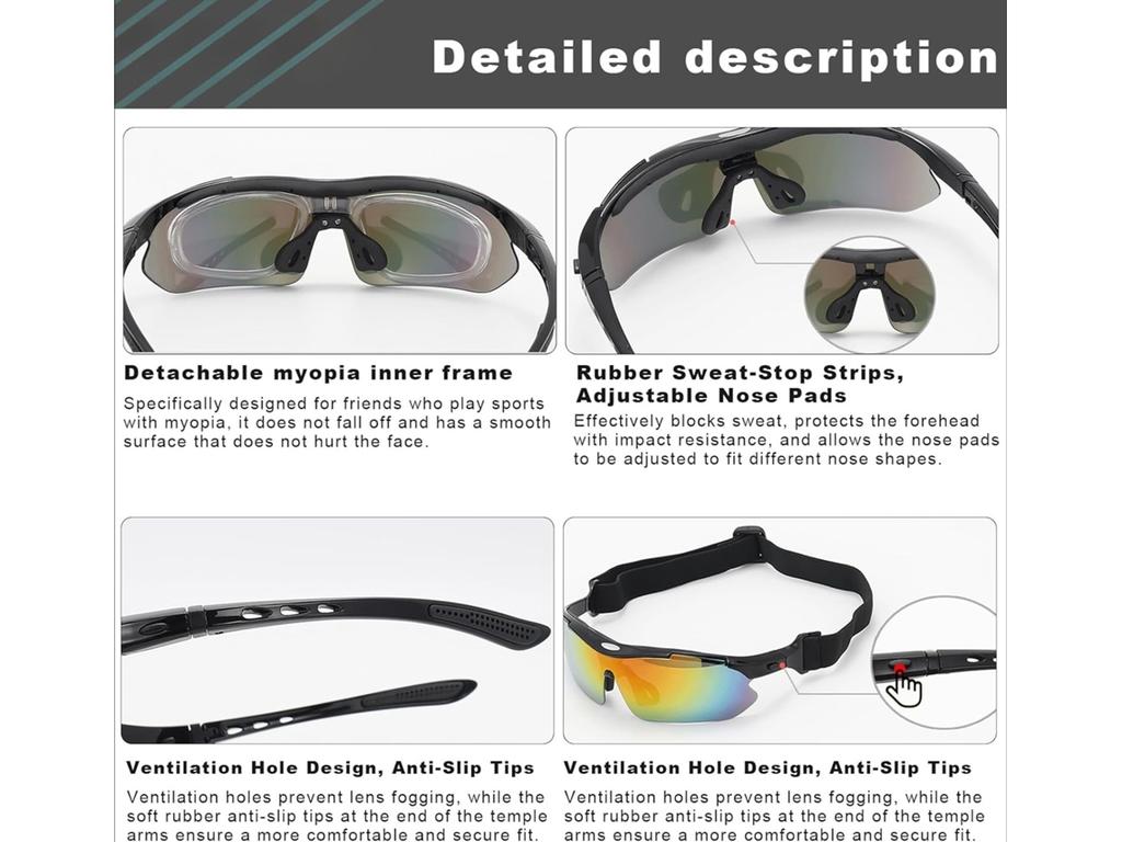 Polarized Running Sunglasses, 5 Lenses, UV Protection, Suitable for Cycling, Baseball, Fishing