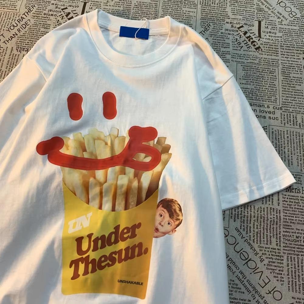 

Happy French Fries American Retro Fun Printed Short Sleeved Men Women T-shirt Fashion Loose And Versatile Couple Outfit Cotton S
