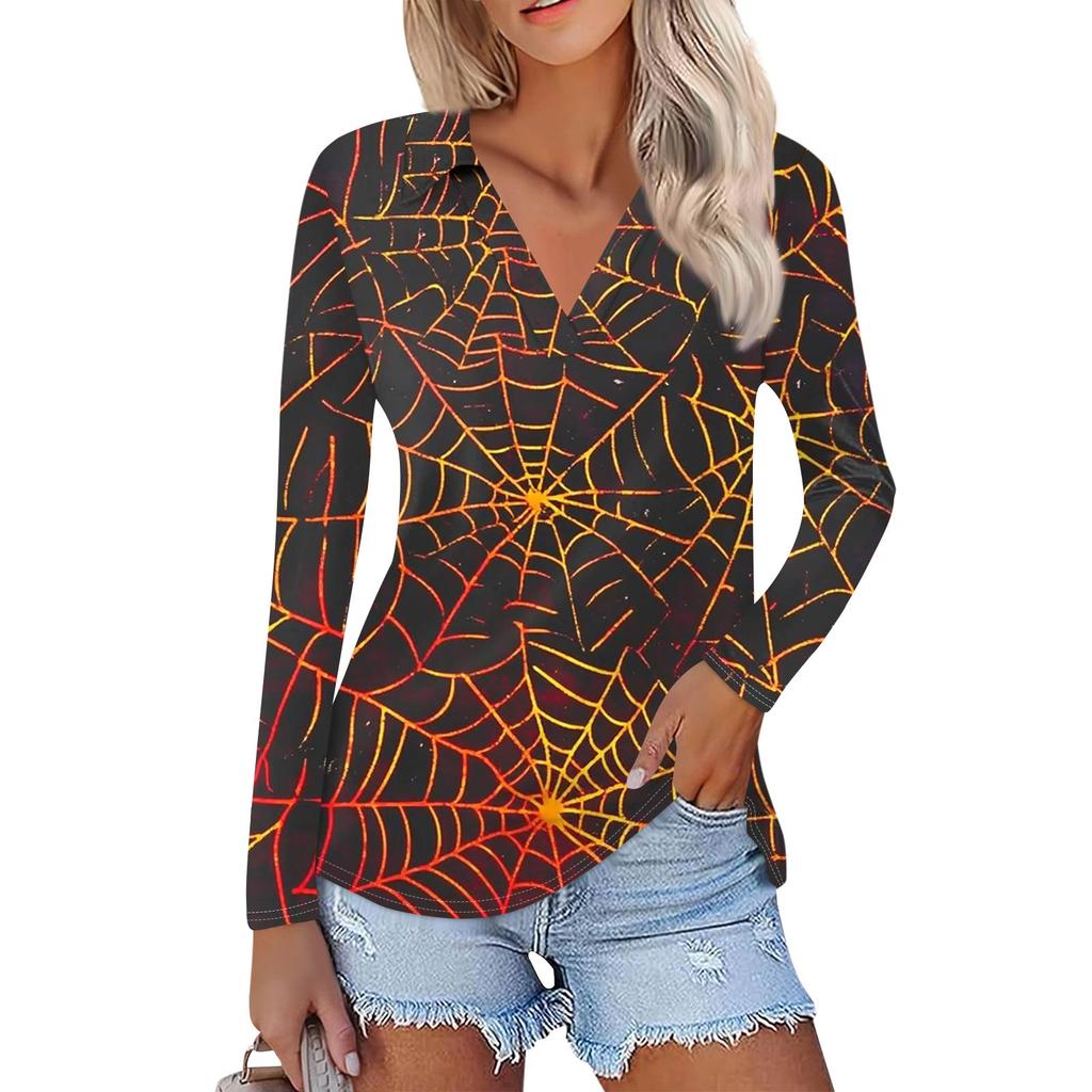 Women's Summer Fashion Casual  Printed V-Neck Long Sleeve Shirt Top
