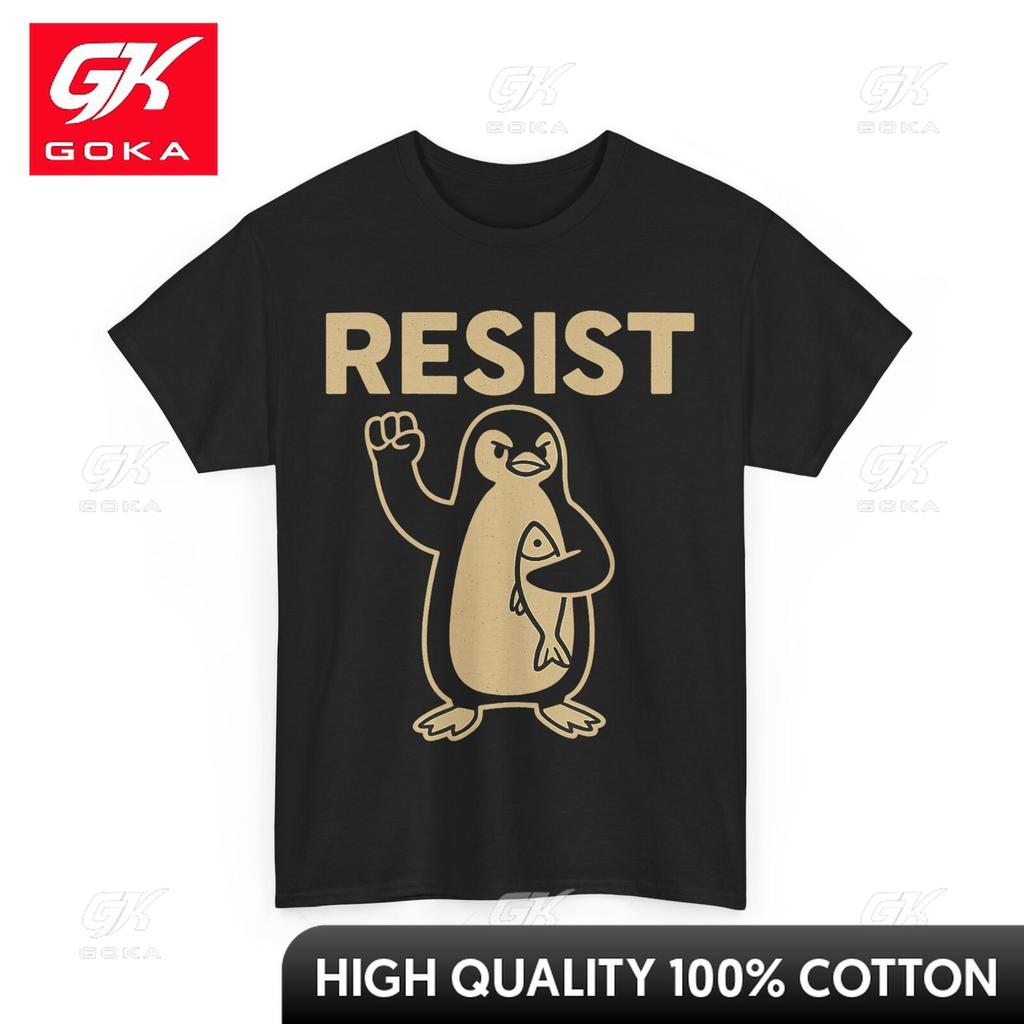 Penguin Resist Tshirt Resist Penguin Activism Funny Fun Cartoon Crewneck Short Sleeves Pure Cotton Casual Top Casual Wear
