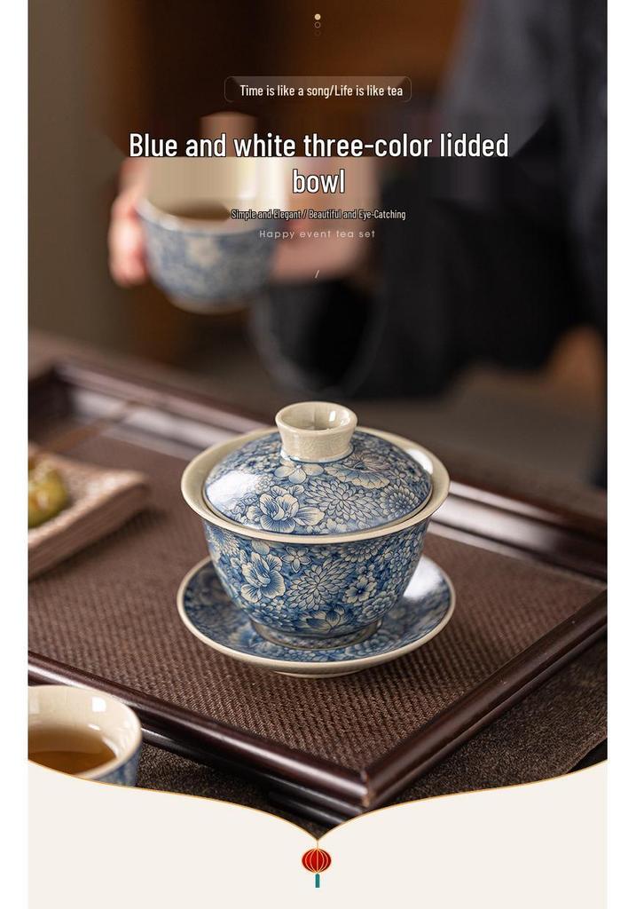 Blue and White Porcelain Ru Kiln Tea Set – Retro Lidded Bowl Tea Cup with Blossoms, Anti-Scald Design for Brewing Tea