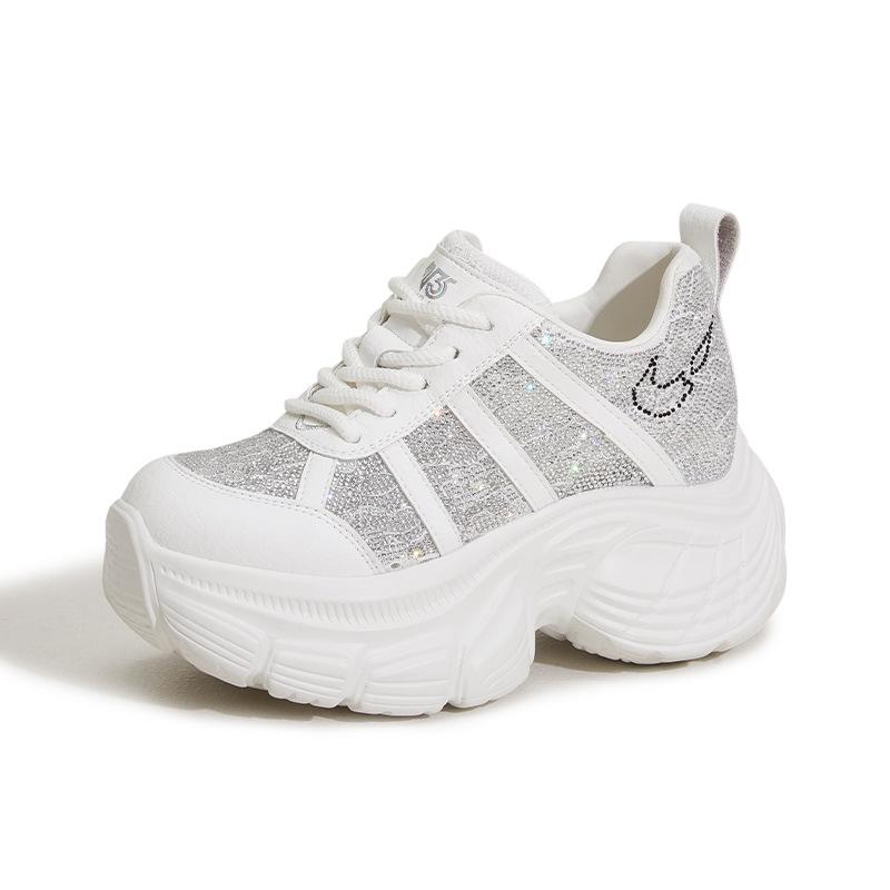 Thick-soled Rhinestone Dad Shoes Women's 2025 Summer New Inner Height-increasing Women's Shoes Breathable Mesh Fashion Versatile Casual Shoes