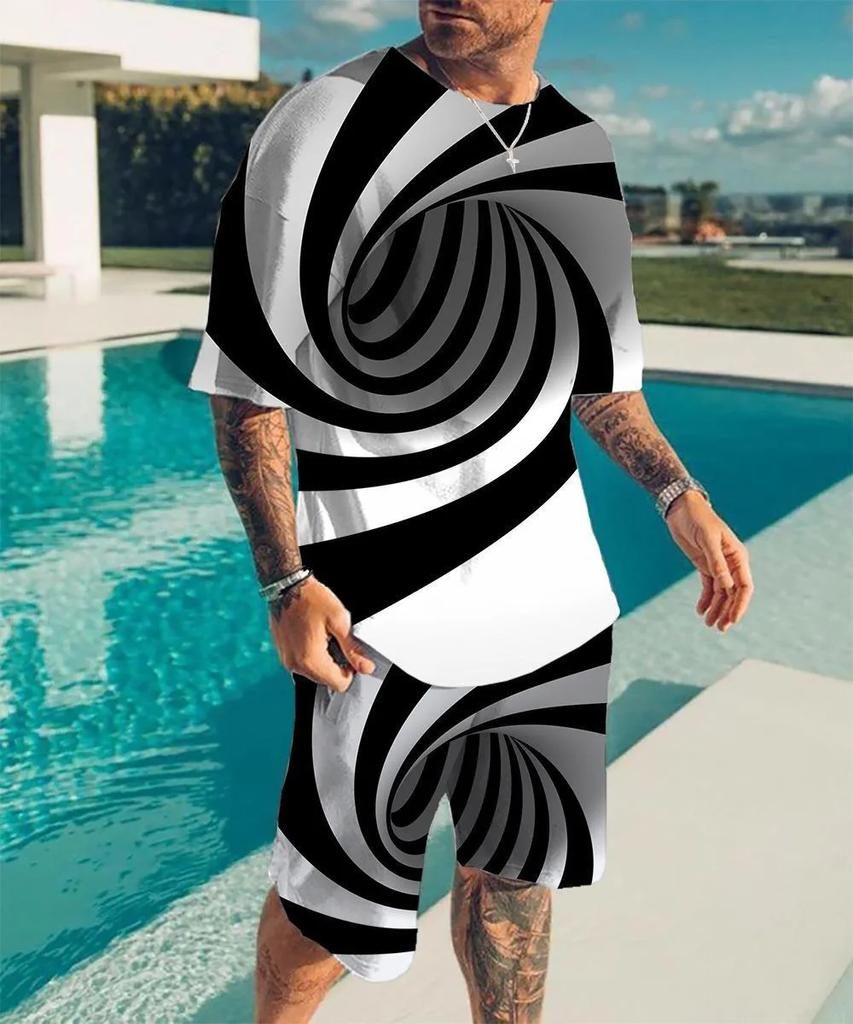 Neuer Sommer 3D geometrischer Musterdruck tägliche Wander-Sportbekleidung Herrenanzug kurzärmeliges T-Shirt + Streetshorts zweiteiliges Set