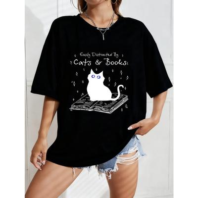 Weißes T-Shirt mit Katzen- und Bücherdruck für Freizeitkleidung