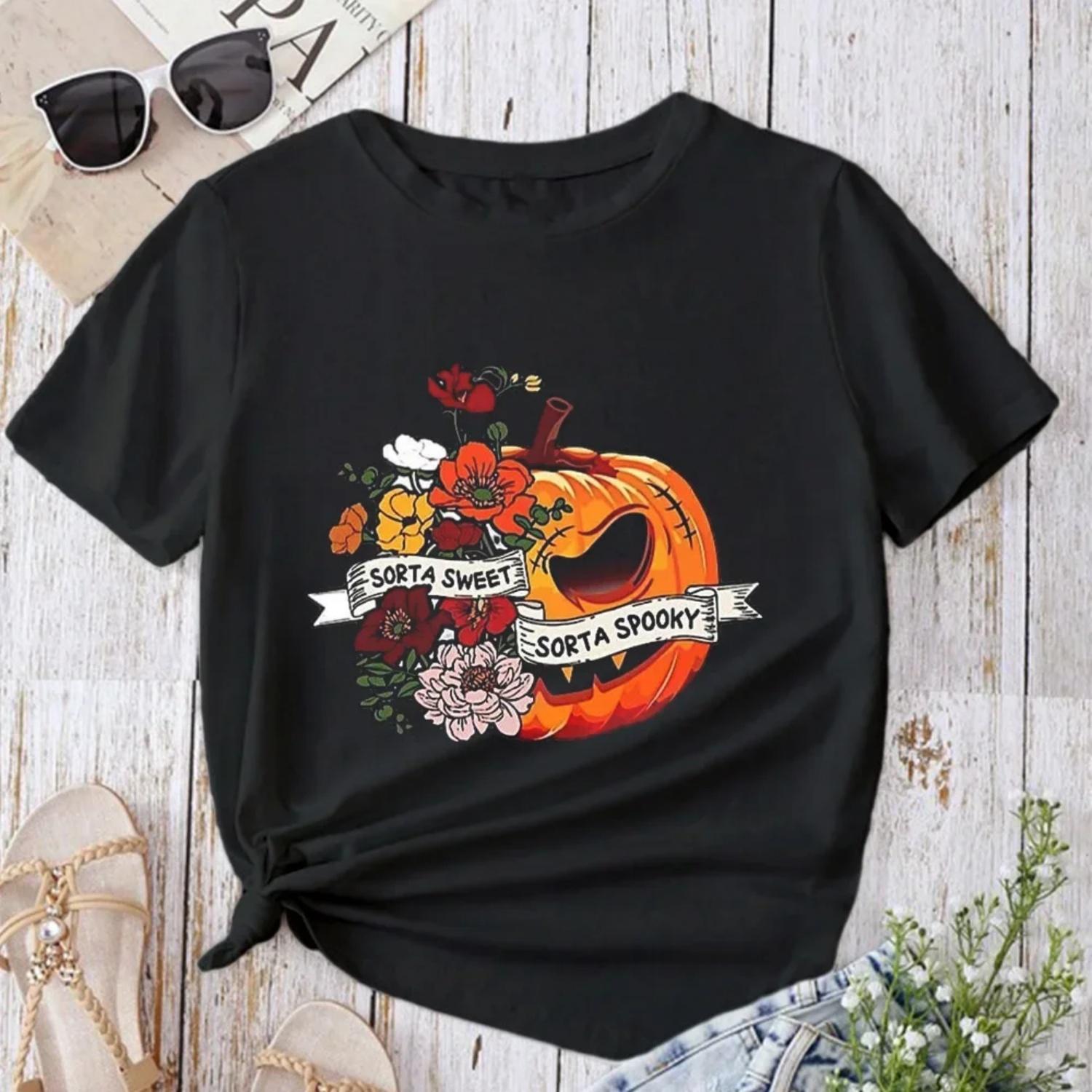 

Kawaii Halloween Pumpkin Base Shirt Casual Cotton T-shirt Short Sleeve Crew Neck Women s Fashion Basic Top Comfortable Fit S чёрный