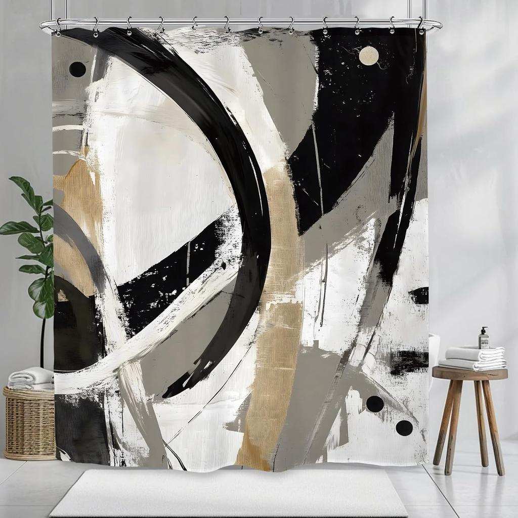 Abstract Black White Gold Curve Pattern Waterproof Shower Curtain 180X180Cm - Modern Luxury Bath Curtain For Living Room Decor