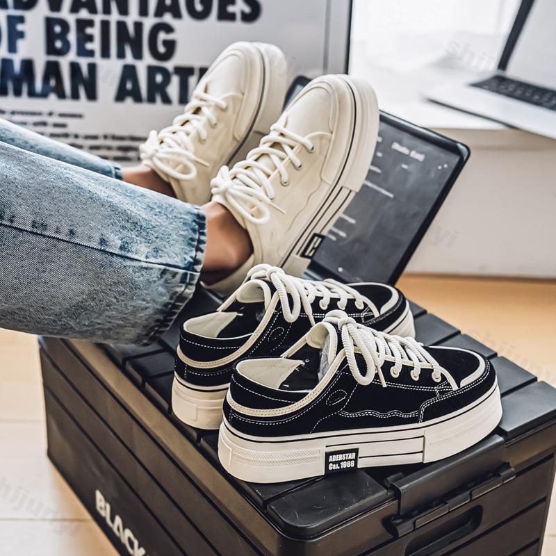 Fashion 2025 Spring New Thick Soled Height Increasing Men's Canvas Casual Fashion Trend Flat Shoes Comfortable Non slip Lace-up Sneakers