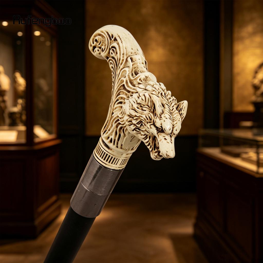 Yellow White Wolf Head Long Handle Decorative Stick Parties Decorative Cane for Halloween Cosplay and Parties Walking Cane 93cm