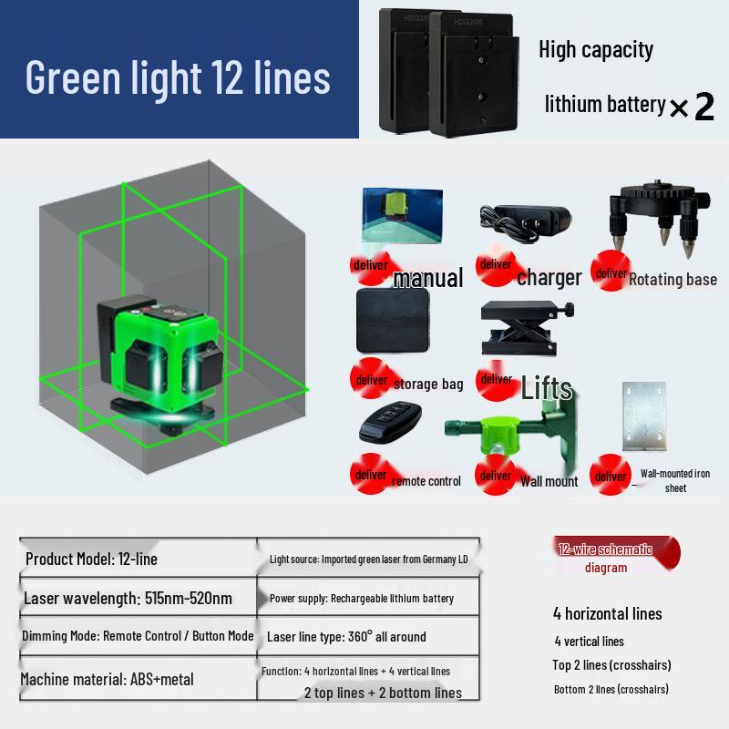 12-Line High-Precision Green Laser Level with Strong Light and Self-Leveling