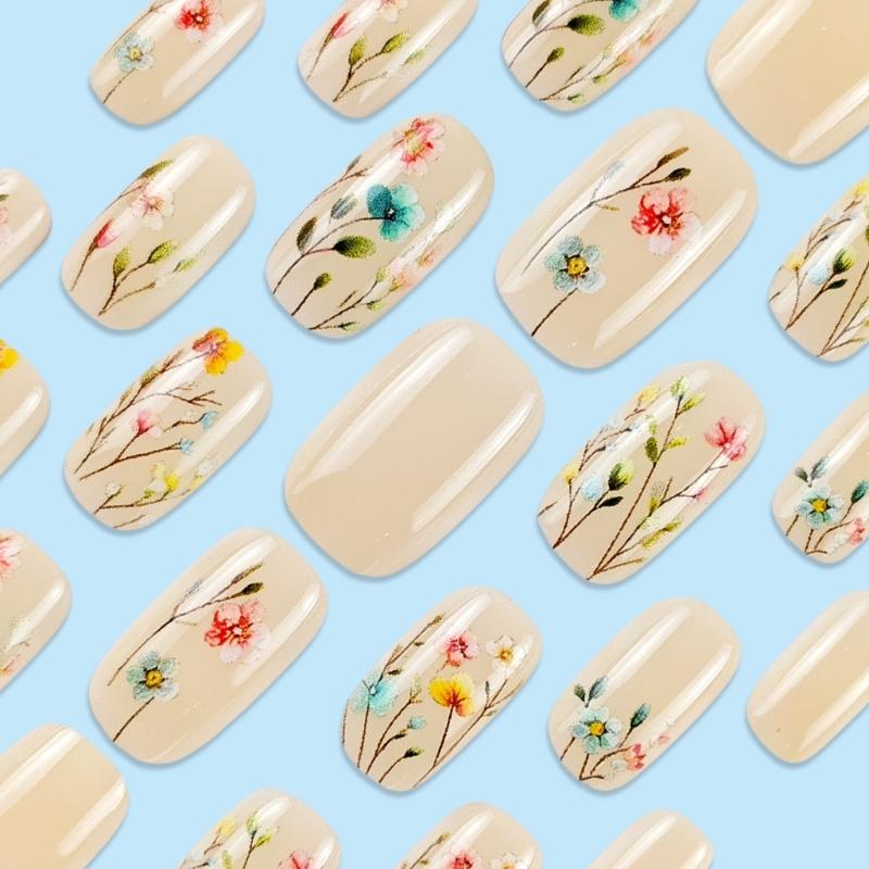 24pcs False Nail With Flower Pattern Friendly Stick On Nail Press On Nail Quick Application Fashion Nail Art for Women