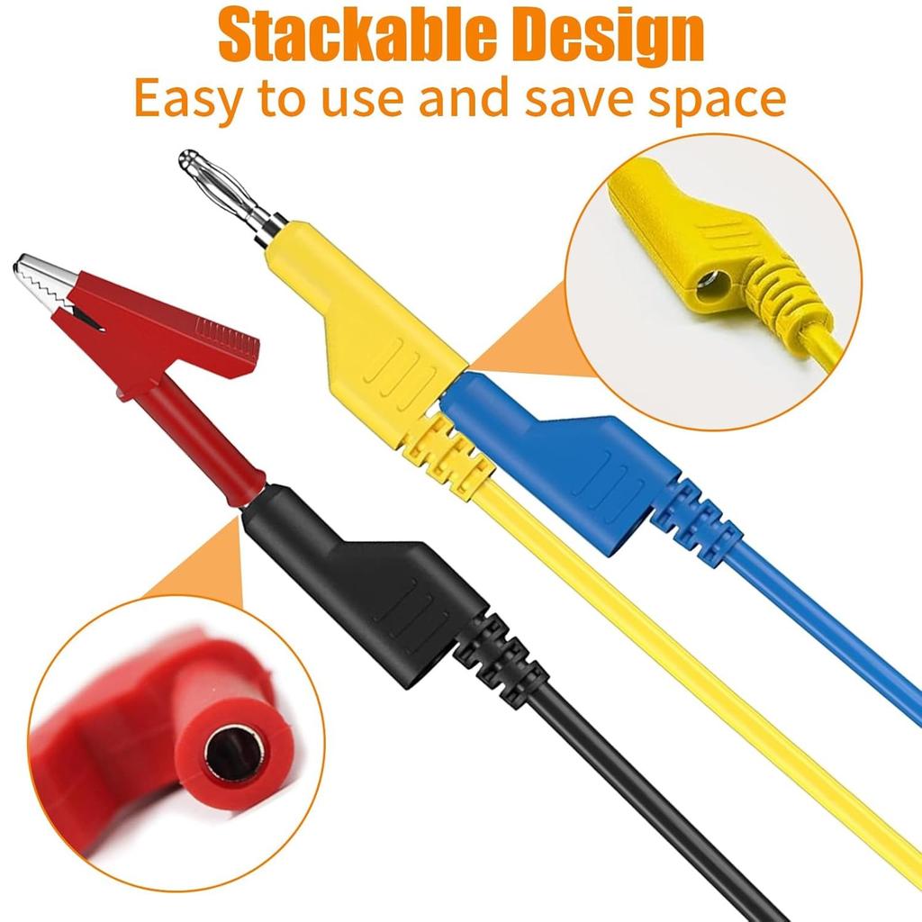 5Pcs 4mm Multimeter Test Leads Set with 10Pcs Crocodile Clips, 3.3ft/1m Double Ended Banana Plug Cabels, 5 Colors Stackable Electrical Testing Cable