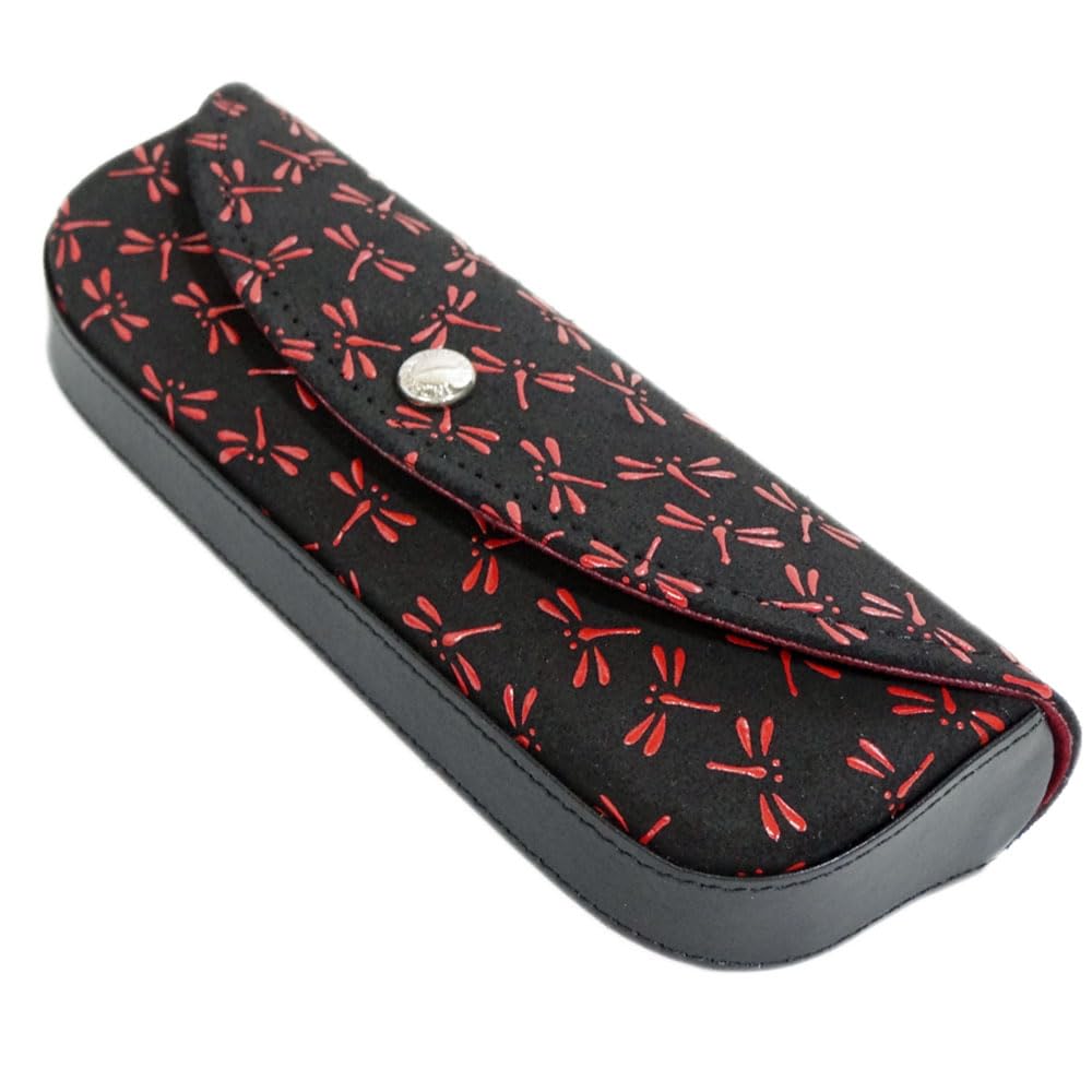 Inden H Brillenetui aus schwarzem Hirschleder mit roter Libelle x x Hartes Etui Inden-ya, Klein, 4210, Lack, Muster, 5,3cm 15,7cm 3cm, Schlank,