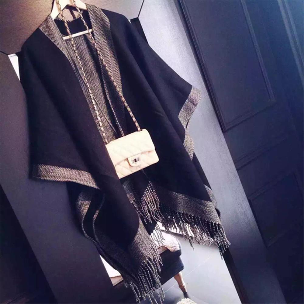 Women Faux Cashmere Tassel Shawl Black Gray Solid Winter Autumn Scarf 150120cm чёрный