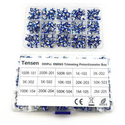 300 ks/krabice RM065 Uhlíkový film Horizontální trimpot Potenciometr Assortment Kit 10 hodnot Proměnný rezistor 100R(101)-2M (205)