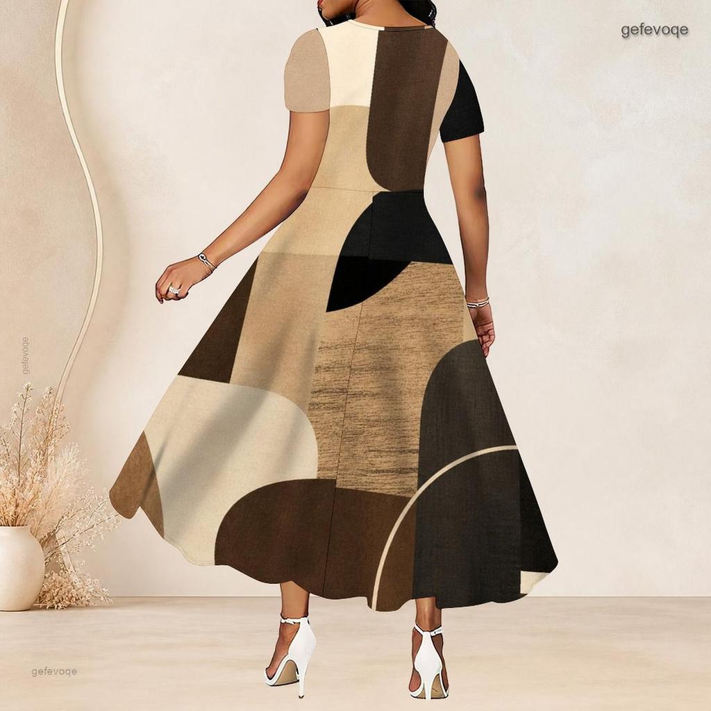 Women Plus Size Round Neck Short Sleeve Abstract Printed A Line Long Dress